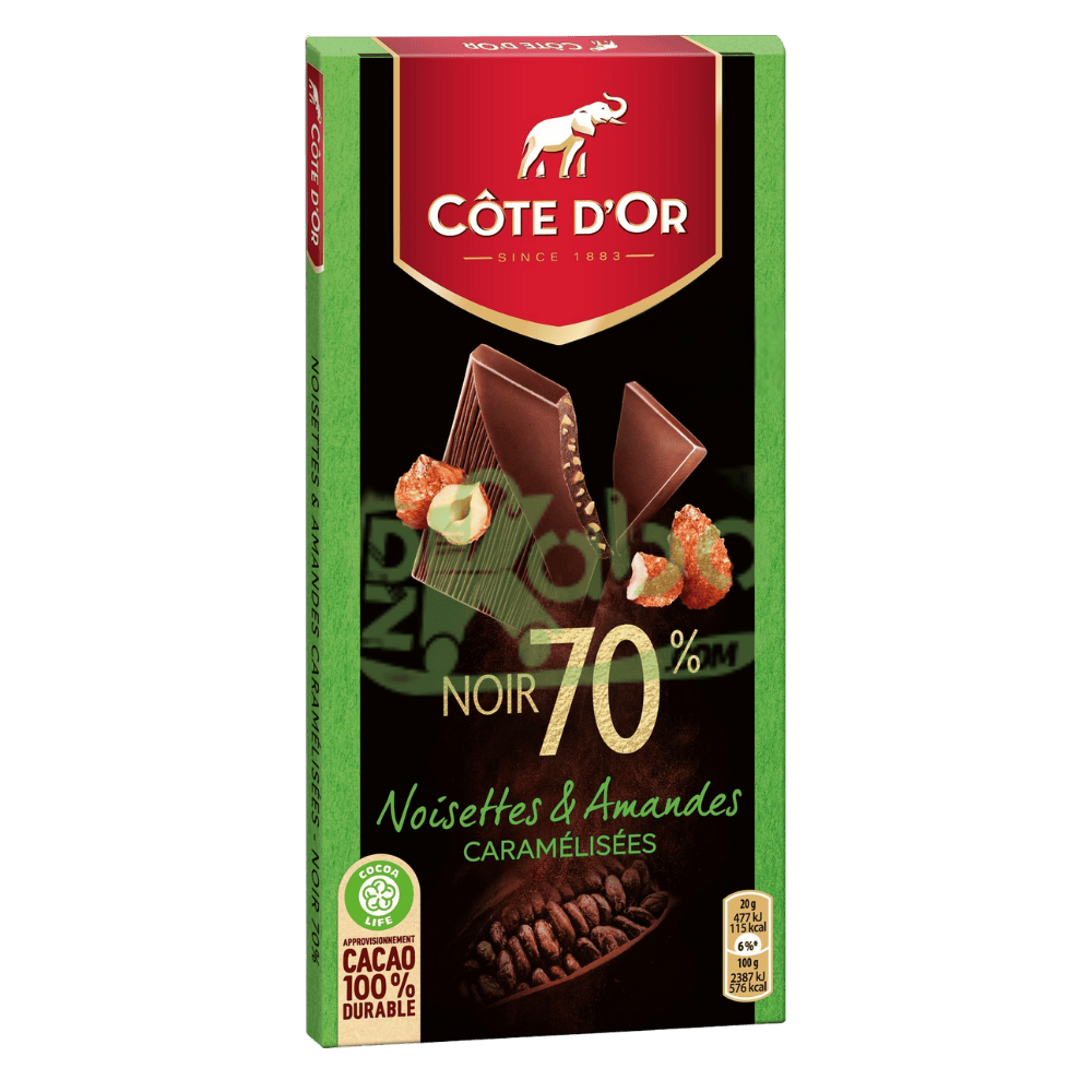 Côte d'Or Noir 70 % Noisettes et Amandes Caramélisées 100 g