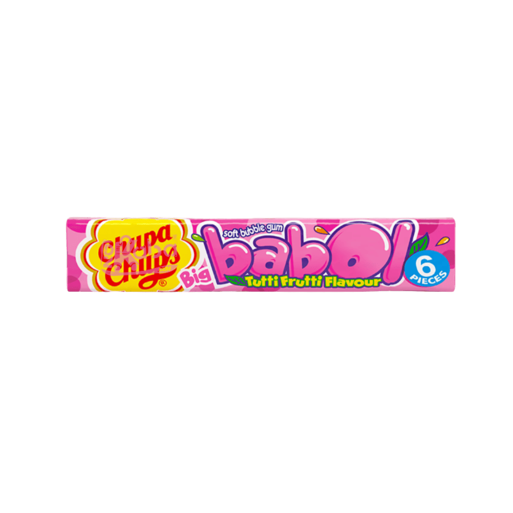 Chupa Chups Big Babol Tutti Frutti Flavour candy bar packaging on a green background