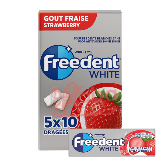 Wrigley's Freedent White strawberry-flavored dental mints packaging on a green background