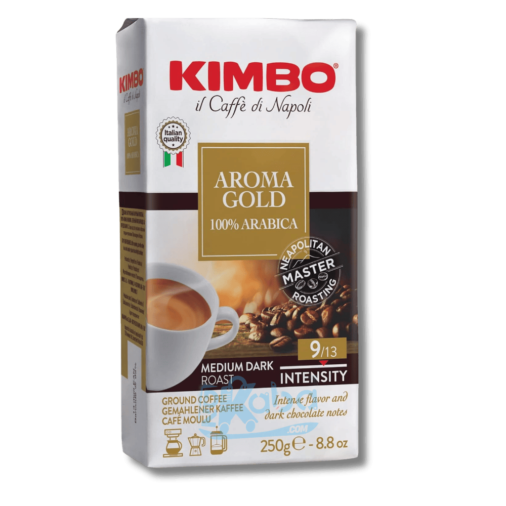 قهوة كيمبو المطحونة، أروما جولد، تحميص متوسط ​​داكن، 100% أرابيكا، درجة التركيز 9، 250 غرام