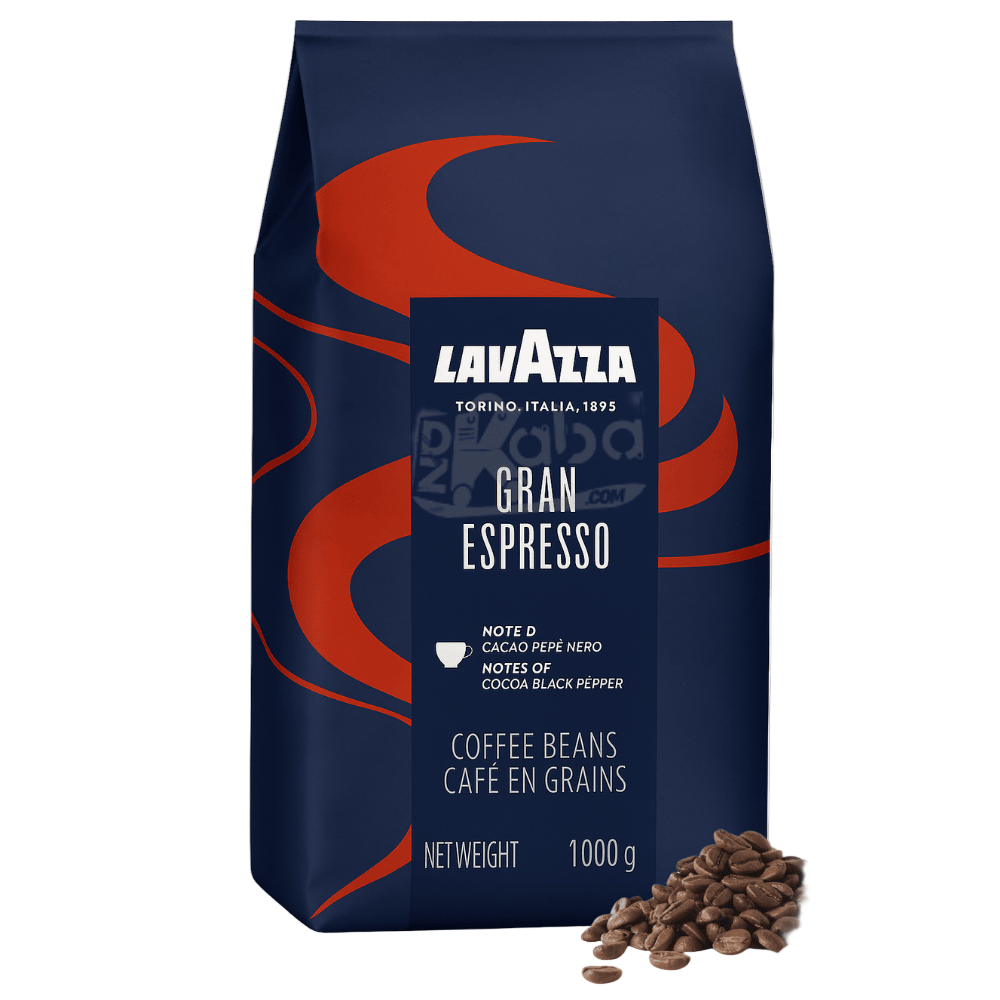 Lavazza Gran Espresso coffee beans package with coffee beans on a white background