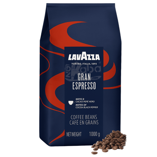 Lavazza Gran Espresso coffee beans package with coffee beans on a white background