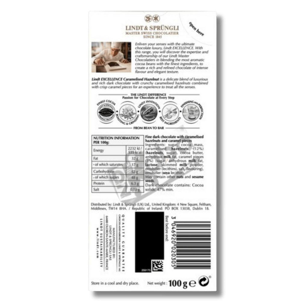 Chocolat noir Lindt Excellence Noisette Caramélisée 100 g